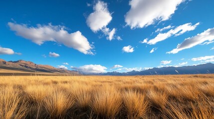 Leinwandbilder - Panoramic view of golden wheat field under a vibrant blue sky with fluffy white clouds and mountains in background