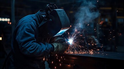 Aufkleber - Person welding metal with protective gear sparks and bright light at a workshop industrial environment