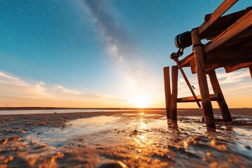 Aufkleber - Scenic landscape featuring a wooden structure silhouetted against a vibrant sunset and starry night sky reflecting on wet ground. Warm colors dominate