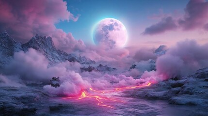 Poster - Generic landscape featuring mountains clouds and glowing river under a bright full moon creating dreamlike atmosphere