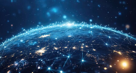 Global network connection, earth at night, digital data flow.
