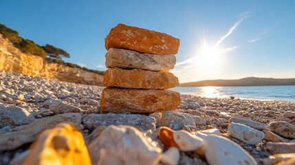 Fototapete - Stack of golden-brown objects on a pebble beach with the sun setting over the water and a blue sky