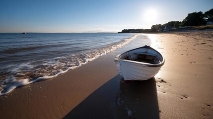 Aufkleber - Generic boat rests on sandy beach with gentle waves under a bright sun. The scene features calm water and clear sky reflecting natural light