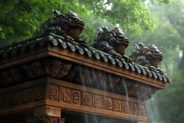 Poster - Close up of a traditional Asian architectural structure with intricate carvings. Rain falling adding a sense of nature and tranquility. The green foliage in the background creates a peaceful
