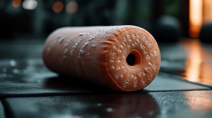 Aufkleber - Close-up of a cylindrical orange object with textured surface and a central hole on a dark surface with blurred background and warm light