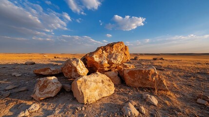Poster - Desert landscape featuring golden-brown rocks under a blue sky with scattered clouds and warm sunlight. The scene evokes a sense of vastness and solitude