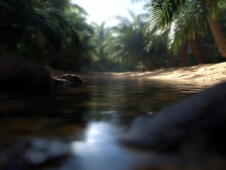 Poster - Tranquil stream flowing through a lush generic oasis with palm trees casting shadows on the water and sandy banks under a sunny sky