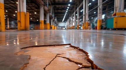 Poster - Large empty industrial warehouse interior with cracked floor reflecting the interior lights and distant pillars