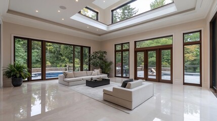Poster - Spacious modern interior with large windows looking out to a lush green exterior. Features a large white sofa and light-colored flooring, with bright natural light