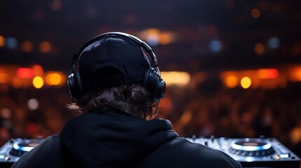 Poster - Back view of a DJ with headphones at a concert. Dark setting with blurred background and bokeh lights. Person is wearing a black hoodie and cap