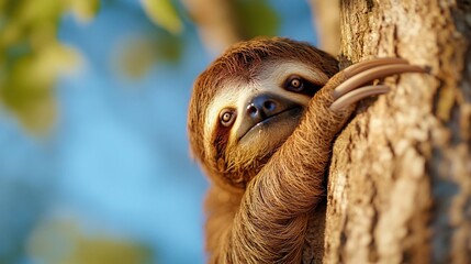 Aufkleber - Close-up view of an animal clinging to a tree trunk in a sunny environment with blue sky background