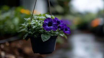 Poster - Close-up view of a hanging basket with vibrant purple flowers and green foliage showcasing raindrops on the petals against blurred background