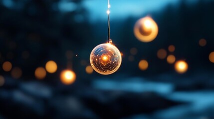 Poster - Close up of illuminated orbs with glitter effect against a blurred dark blue background suggesting depth and a magical atmosphere, with bokeh lights in the distance
