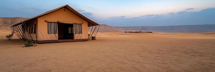 Poster - Desert landscape featuring a tent structure against a backdrop of mountains under a dusky sky. The scene is bathed in natural light
