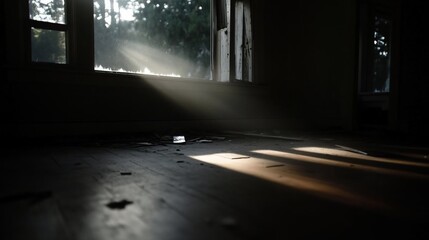 Poster - Interior view of an abandoned room with light streaming through a window casting shadows across a wooden floor creating a dramatic atmosphere