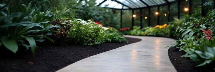 Aufkleber - Curving paved pathway through lush green botanical garden beds. Illuminated by soft lights. Dark soil beds border the walkway with an array of colorful flowers and foliage. Tranquil garden scene
