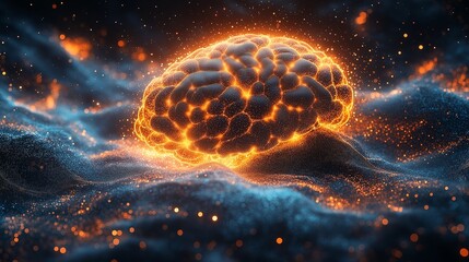 Wall Mural - Abstract human brain made of glowing particles floating on a plain background high resolution,generative ai illustration