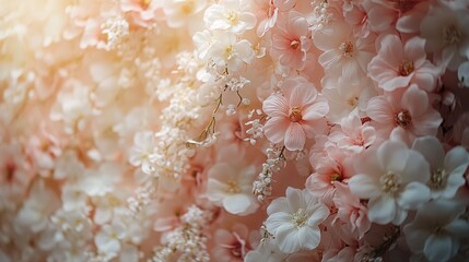 Wall Mural - Close-Up of Soft Pink and White Flowers in a Lush, Ethereal Arrangement with Dreamy Blurred Background