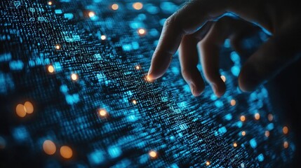 Hand Touching Digital Data Stream with Glowing Code and Symbols