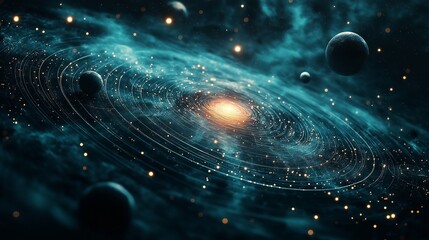 Wall Mural - Planetary orbit system designed with glowing fine lines and artful shadows,generative ai illustration