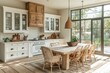 © JIALU - Scandinavian farmhouse-style dining room with white cabinets, light wood table and chairs, natural oak flooring, and glass cabinet above the dining area in a California home.