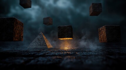 Wall Mural - Floating cubes and pyramid in a dark, smoky, ancient, otherworldly environment