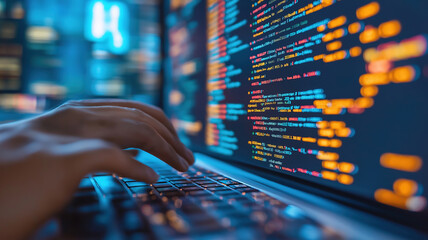 Closeup of a hand typing on a keyboard by an IT support engineer in a programming environment