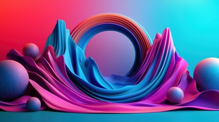 Wall Mural - Colorful abstract display with draped fabric, vibrant colors, and a circular frame