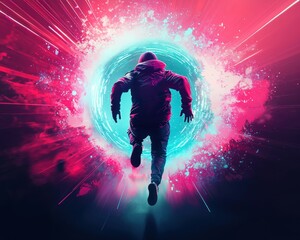 Wall Mural - a man is running through a large hole in a colorful background