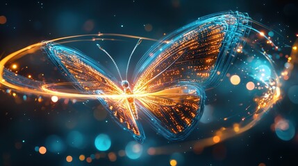 Wall Mural - a butterfly with orange wings is flying through a blue and orange swirl