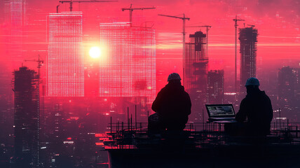 Wall Mural - it worker programming on a laptop at a futuristic city construction site with digital technology ove