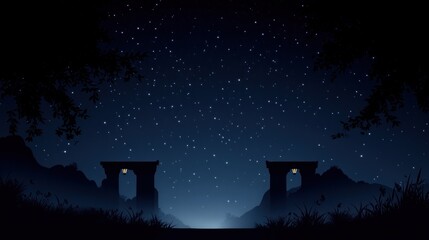 Wall Mural - Arches glow under starry sky. Trees and hills form background. Pathway is visible