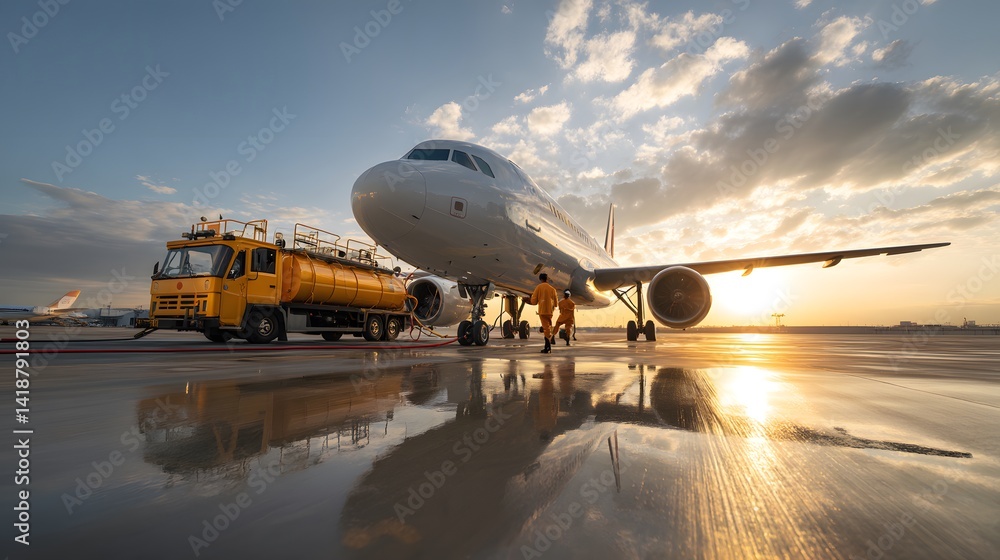 Aircraft being refueled on the runway at sunrise with two ground crew ...
