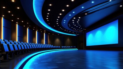 Canvas Print - Modern cinema auditorium, blue lighting, empty seats, large screen