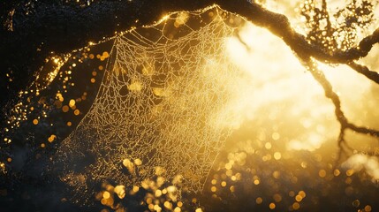 A close-up of dew-covered spiderwebs glistening in the morning light digital
