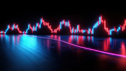 Canvas Print - Neon stock market graph, rising trend, dark futuristic floor, reflected lights