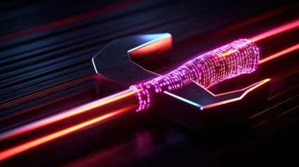 Wall Mural - metallic wrench with code, futuristic repair, dark background, glowing lines