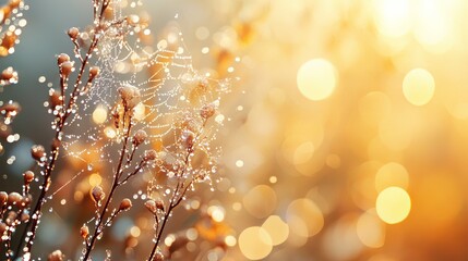 A close-up of a spider web covered in morning dew with a blurred background digital