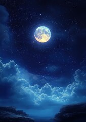 Wall Mural - Ethereal Full Moon Night Sky with Dreamy Clouds and Twinkling Stars
