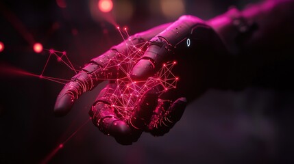 Sticker - futuristic robot hand interacts with digital network in dark space