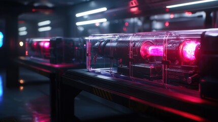 Wall Mural - futuristic weaponized devices in a secure lab setting with glowing energy