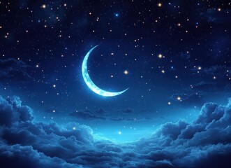Wall Mural - Serene crescent moon night sky with glowing clouds and sparkling stars
