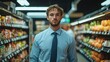 © NafisaNajmin - A smiling young man stands in a grocery store, dressed in a blue shirt and a dark cardigan.