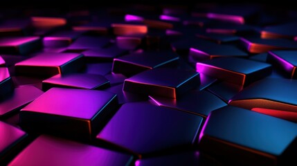 Wall Mural - Abstract fractured cubes, vibrant neon colors, dark background, digital art