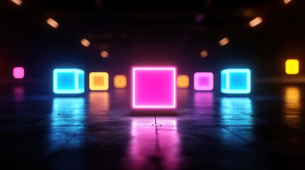 Wall Mural - Neon cubes glowing in dark industrial space