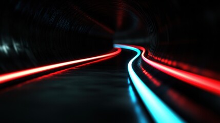 Wall Mural - Neon tunnel paths, dark futuristic, glowing lines, background with reflections