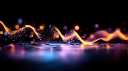 Wall Mural - Abstract digital wave form design; vibrant colors; dark studio; blurred lights background