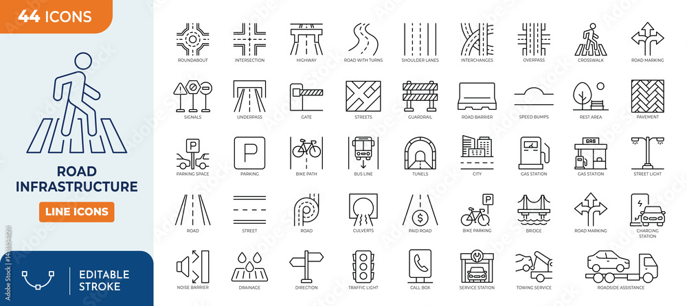 Road infrastructure icon set. Outline Icon Collection. Editable stroke ...