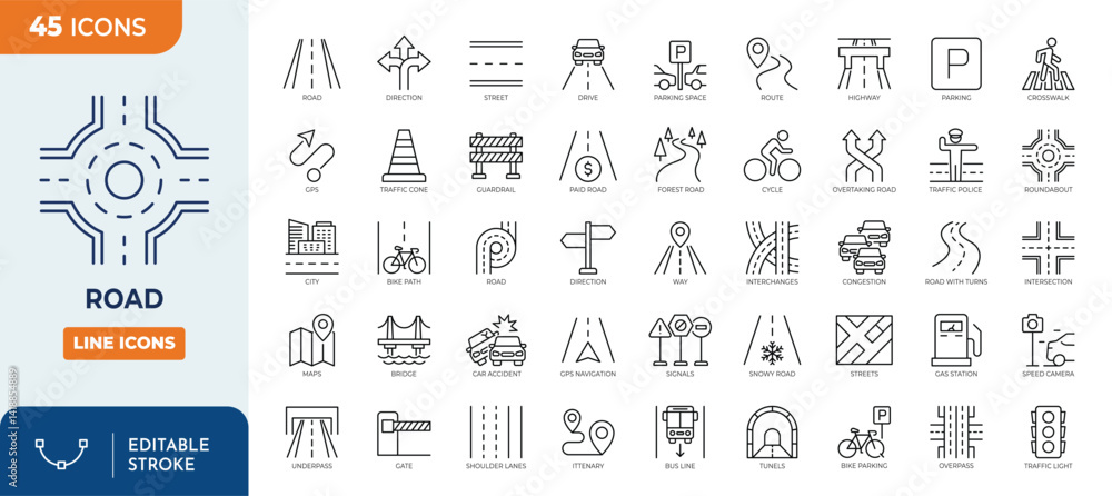 Road icons set. Containing street, highway, traffic light, signpost ...