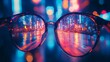 © jago - Urban cityscape reflected in eyeglasses, showcasing vibrant night lights.